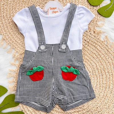 Conj. Blusa Manga Curta e Jardineira Xadrez Maçãs - Branco e Preto